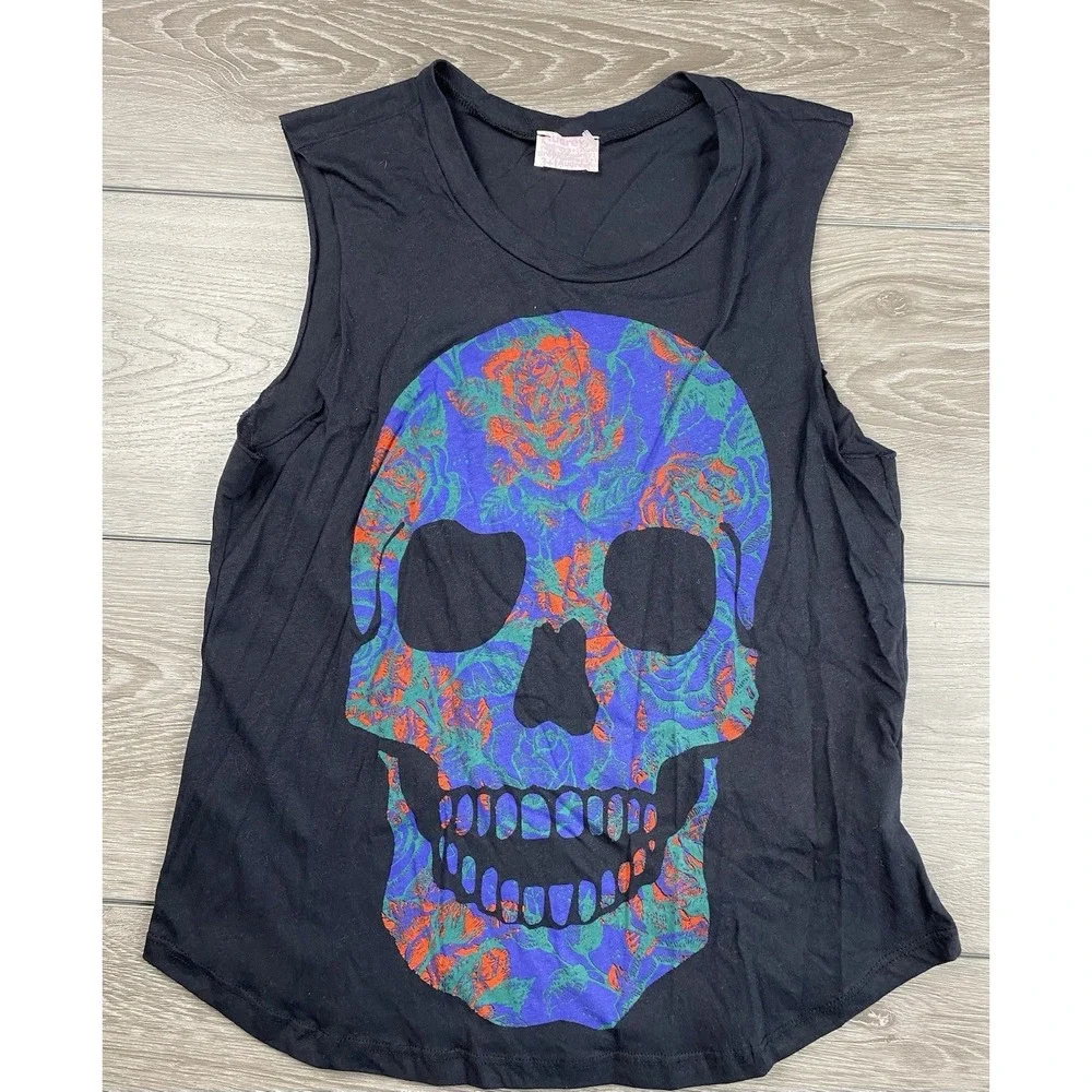Audrey 3+1 Women's Sleeveless Rose‎ Patterned Skull Design Top Black Size Large